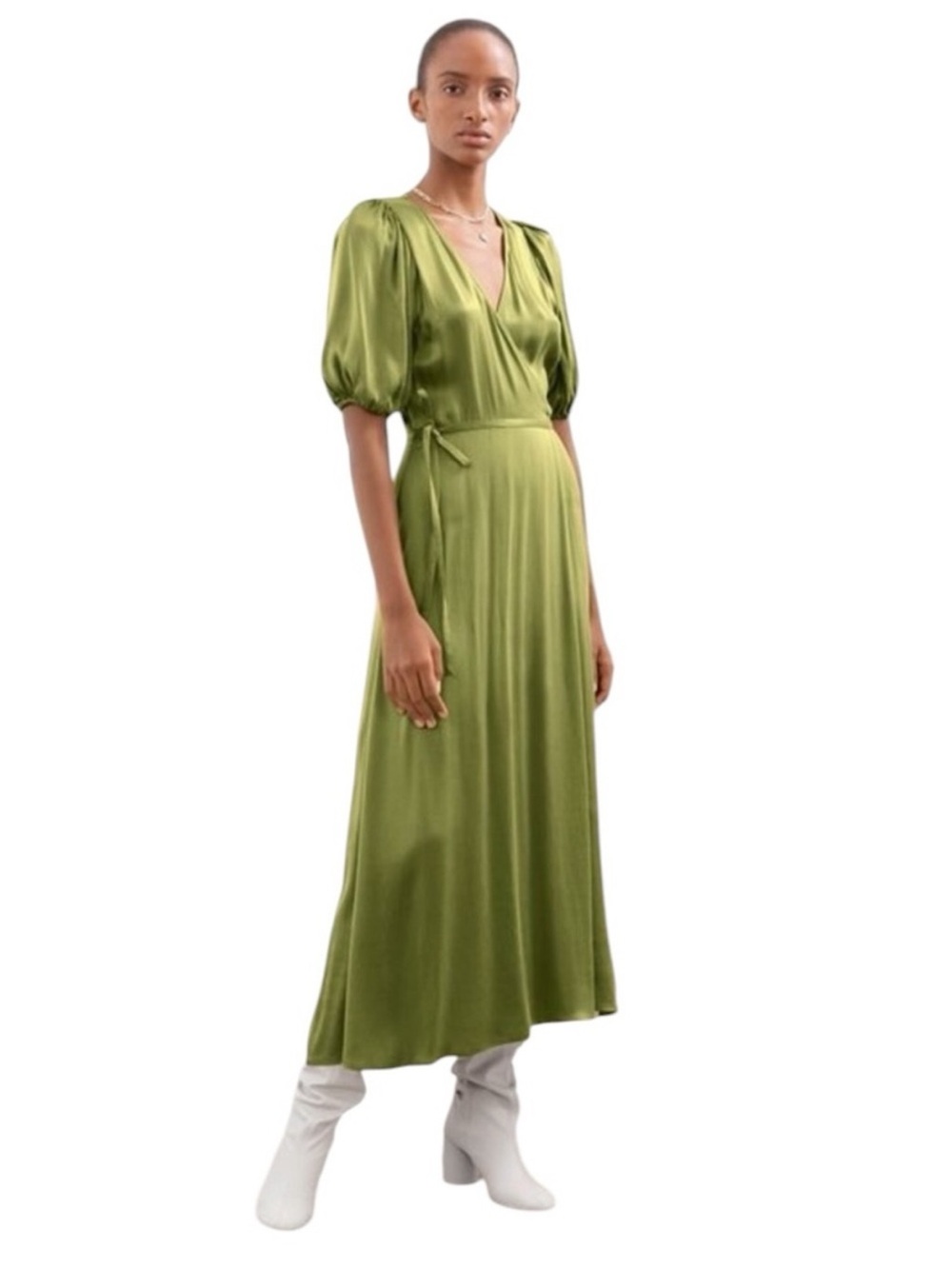 & Other Stories Satin Olive-Green Wrap Midi Dress Puff Sleeves